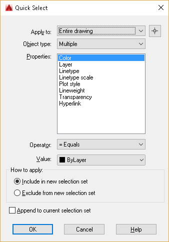 Quick Select venster gebruiken in AutoCAD om objecten te filteren